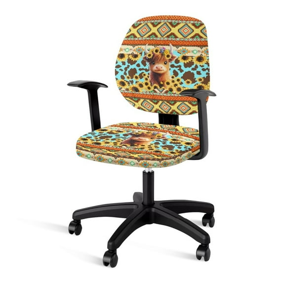 SCRAWLGOD Soft Office Chair Slipcover Easy to Remove Universal Computer Chair Slipcovers Split Protective Dustproof High Back Chair Covers, Set of 2, Highland Cattle Cow Print American Tribal