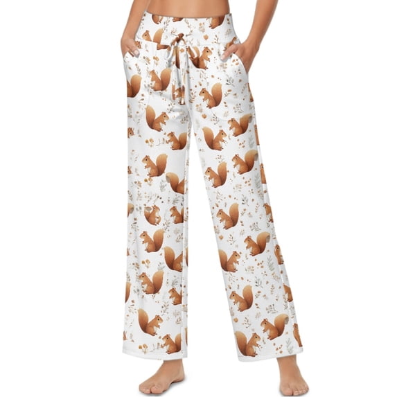 SCRAWLGOD Squirrel Floral Print White Women’s Palazzo Trousers Pants with Adjustable Tie Knot High Waisted Wide Leg Daily Trousers Comfy Elastic Flowy Slacks with Side Pockets, S
