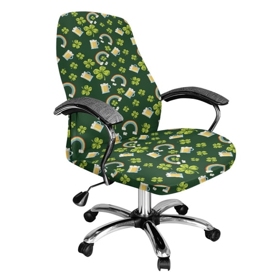 SCRAWLGOD St. Patrick's Day Breathable Office Chair Covers Easy to Install Stain Resistant Desk Rotating Chair Slipcovers Anti-Dust Chair Protector, Four Leaf Clover Beer Rainbow Green, L