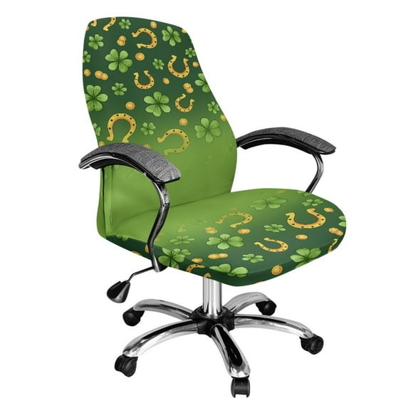 SCRAWLGOD St. Patrick's Day Comfortable Office Chair Cover Stretchy Breathable Rotating Chair Slipcover Easy to Install Desk Chair Slipcovers, Four Leaf Clover Horseshoes Gold Coin Green, S