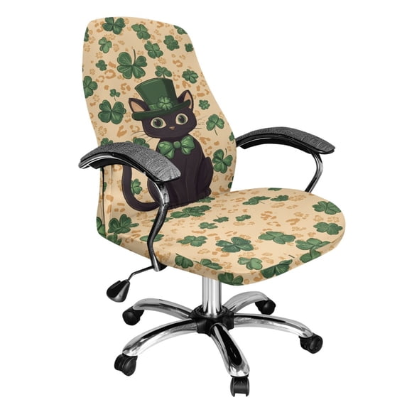 SCRAWLGOD St. Patrick's Day Computer Office Chair Cover Easy to Remove High Back Chair Slipcover Comfortable All-in-One Rotating Chair Cover, Black Cat Four Leaf Clover Leopard Print Beige, L