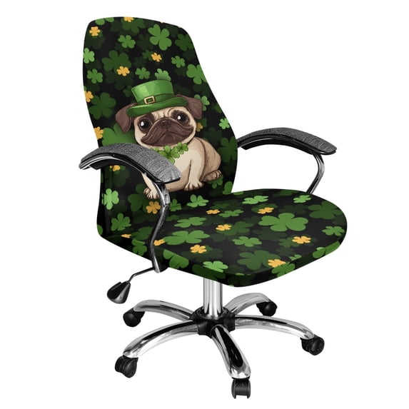 SCRAWLGOD St. Patrick's Day Elastic Seat Covers for Office Chairs Universal Dustproof Desk Rotating Chair Slipcovers Removable Boss Chair Covers, Four Leaf Clover Pug Leprechaun Hat Green Black, L