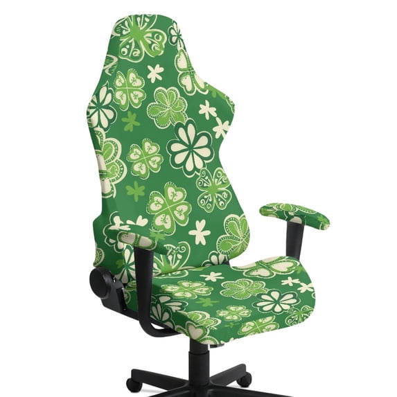 SCRAWLGOD St. Patrick's Day Four Leaf Clover Beige Green 4 Pieces Gaming Chair Covers Slipcovers Non-Slip Gamer Chair Cover Washable Stretch Rotating Armchair Covers with Armrest Covers