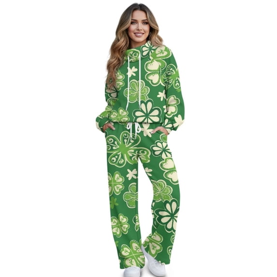 SCRAWLGOD St. Patrick's Day Four Leaf Clover Print Beige Green Women 2 Piece Outfits Sweatsuit Oversized Knit Turtleneck Pullover Tops Wide Leg Pants Lounge Set Trendy Soft Athletic Tracksuit, XS