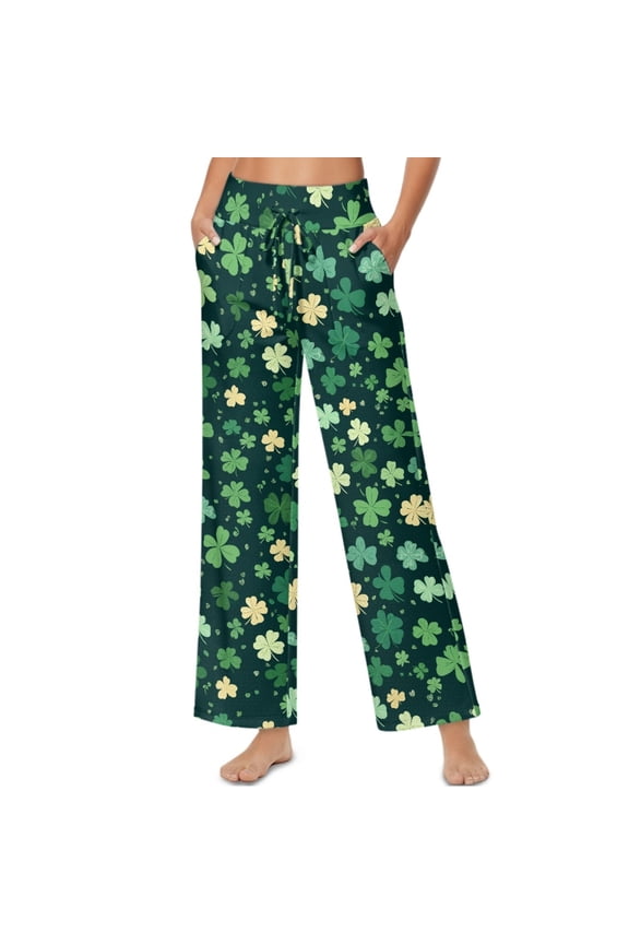 St. Patrick's Day Four Leaf Clover Print Dark Green Womens Casual High Waist Pants Fashion Drawstring Loose Pants Trousers Soft Lightweight Lounge Slacks with Pockets, XXL