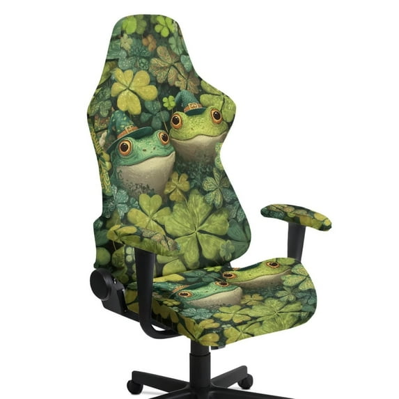 SCRAWLGOD St. Patrick's Day Frog Four Leaf Clover Print Print Gaming Chair Cover with Armrest Cover, Computer Chair Protector with Stretchy Bottom Non Slip Rotating Chair Slipcover for Home Studio