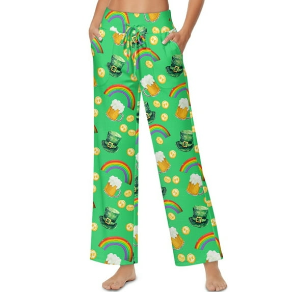 SCRAWLGOD St. Patrick's Day Leprechaun Hat Coin Beer Rainbow Print Green Womens High Waist Casual Pants Drawstring Wide Leg Vacation Lounge Trousers Trendy Flowy Loose Slacks with Side Pockets, XXL