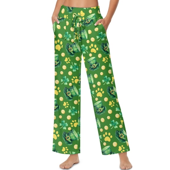 SCRAWLGOD St. Patrick's Day Leprechaun Hat Four Leaf Clover Paw Coin Green Women Wide Leg Pants Elastic High Waisted Lace-Up Casual Palazzo Pants Soft Loose Fit Fashion Trousers with Pockets, L