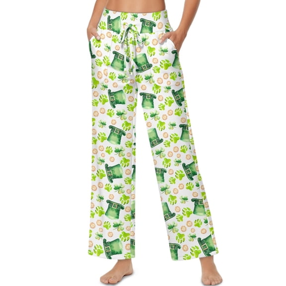 SCRAWLGOD St. Patrick's Day Leprechaun Hat Paw Shamrock Coin Green White Woman Palazzo Pants High Waisted Drawstring Lounge Flowy Trousers Soft Lightweight Flowy Trousers Pants with Pockets, M