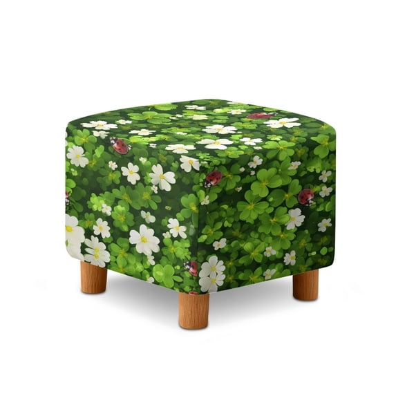 SCRAWLGOD St. Patrick's Day Shamrock Ladybug Print Green Ottoman Slipcover, Square Washable Ottoman Slipcovers for Foot Stool Nonslip Foot Stool Cover Elastic Bottom