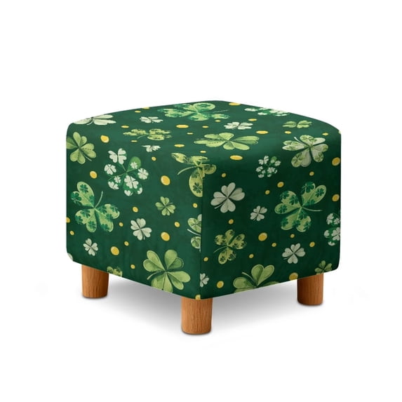 SCRAWLGOD St. Patrick's Day Shamrock Spot Print Dark Green Ottoman Slipcover, Thick Cube Footrest Sofa Slipcovers Non Slip Square Covers for Footstool with Stretch Bottom