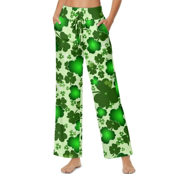 SCRAWLGOD St. Patrick's Day Shamrock Stripe Print Green Women's Palazzo Lounge Pants Stretchy Comfy Wide Leg Casual Pants Trendy Soft High Waisted Flowy Pants with Side Pockets, XXL