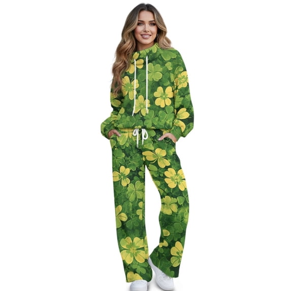 SCRAWLGOD St. Patrick's Day Vintage Four Leaf Clover Yellow Green Womens 2 Piece Outfits Sweatsuit Turtleneck Pullover Sweatshirt Joggers Pants Tracksuit Set Fashion Casual Matching Lounge Sets, XL