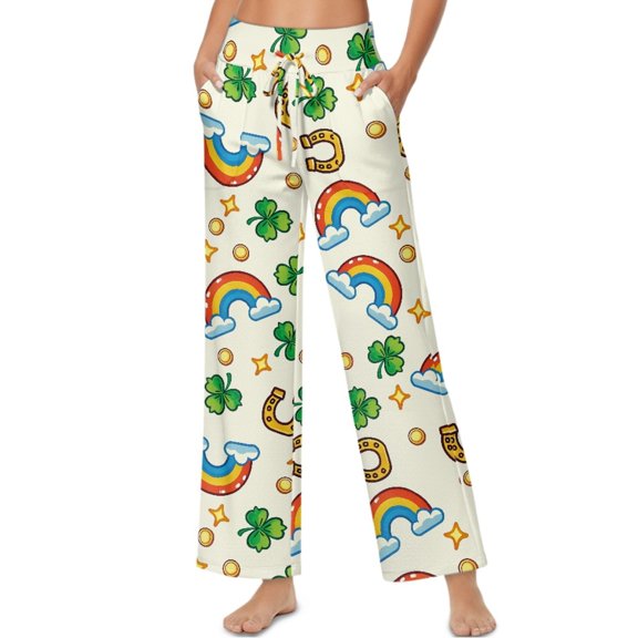 SCRAWLGOD St. Patrick's Day Woman Palazzo Pants High Waisted Drawstring Lounge Flowy Trousers Soft Stretchy Flowy Trousers Pants with Pockets, Rainbow Shamrock Stars Horseshoes Print Beige, XXL