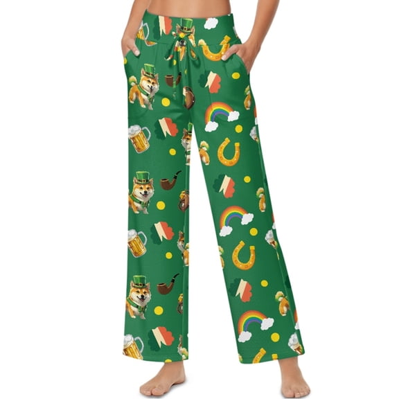 SCRAWLGOD St. Patrick's Day Womens Casual High Waist Pants Fashion Drawstring Loose Pants Trousers Soft Lightweight Lounge Slacks with Pockets, Shamrock Irish Flag Beer Corgi Print Green, XL