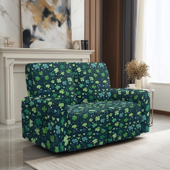 SCRAWLGOD St Patrick's Leaf Heart Print Stretch Recliner Slipcover for Living Room Anti Scratch Recliner Cover Anti Slip 2 Seater Reclining Cover with Pocket