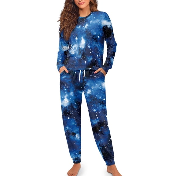 SCRAWLGOD Starry Sky Blue Women's Pajama Sets Long Sleeve Pullover Top and Full-Length Bottom with Pockets Drawstring, Soft Lounge Set Pockets Two Piece Outfits, M