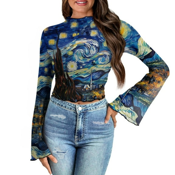 SCRAWLGOD Starry Sky Night Women Bell Sleeve Tops Size XL Aesthetic Slim Shirts for Daily Wear Mock Neck Sheer Tops for Ladies Long Sleeve Lettuce Trim Blouse