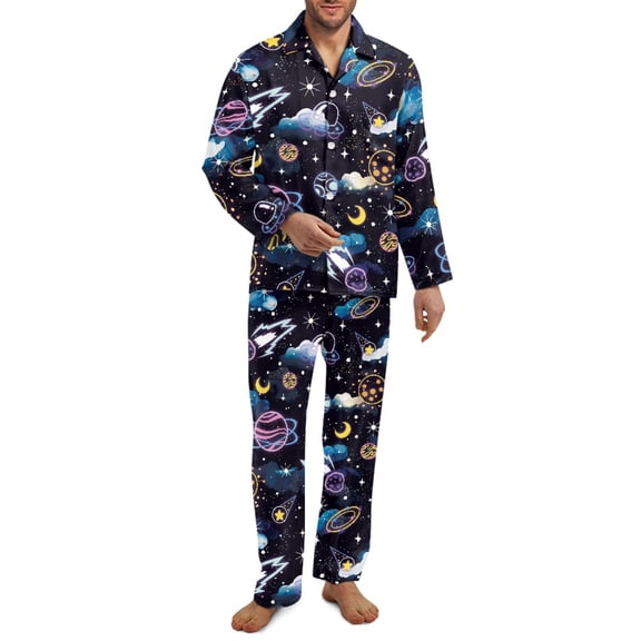 SCRAWLGOD Starry Sky Planet Moon Cloud Men Pajamas Set Long Sleeve Pjs, 2Pcs Notch Collar Button Down Tops Soft Elastic Waistband Bottoms with Pockets, Breathable Loungewear, XL