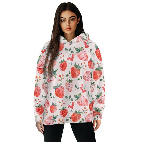 SCRAWLGOD Strawberries Hooded Sweatshirt Women Plus Pullover Sweaters for Women with Long Sleeves Sweatshirt Women Trendy Washable Womens Graphic Hoodies Size M for Clubs