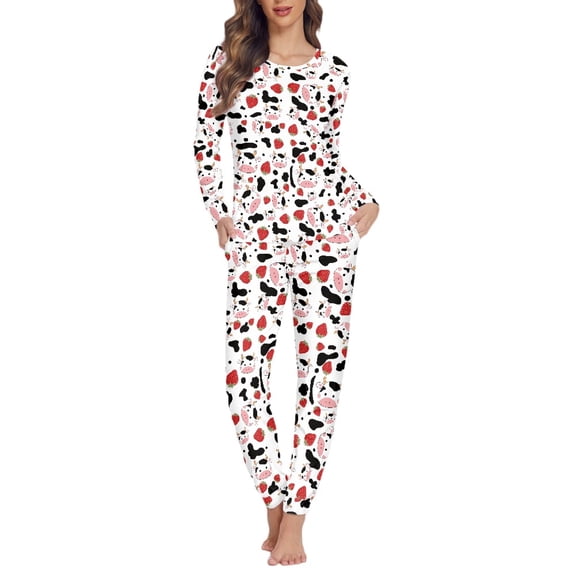 SCRAWLGOD Strawberry Cow Pajamas for Women Set Long Sleeve Pajama Set for Women Clothing Size XL Crewneck Womens Lounge Set Loose Pajama Sets Women Fall
