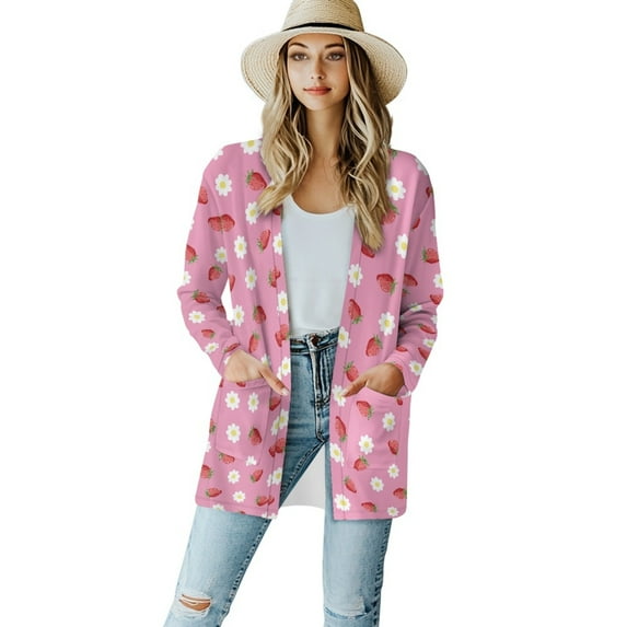 SCRAWLGOD Strawberry Dressy Cardigans for Women Jacket Lightweight Sweatshirt for Women Travel Long Sleeve Activewear Women Jacket Size S Elastic Womens Long Cardigan