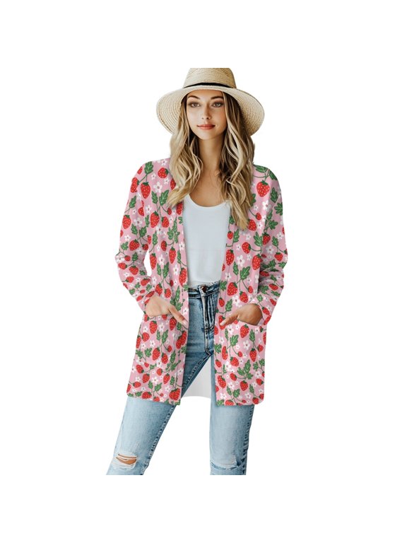 Strawberry Light Weight Womens Cardigan Jackets for Women Trendy Clothes Long Sleeve Women's Long Cardigan with Pockets Washable Casual Cardigans Size M