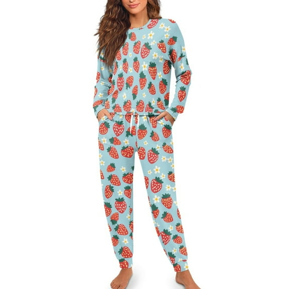SCRAWLGOD Strawberry Pajamas Women Long Sleeve Pj for Women Sleepwear Set of 2 Size M Crewneck Pajama with Pockets Lightweight Ladies Jogger Pjs Set