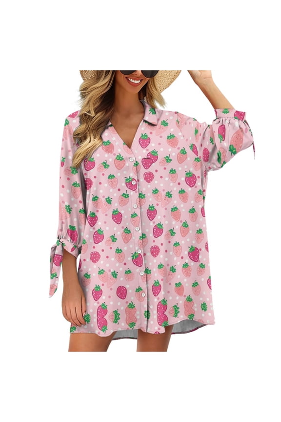 Strawberry Print Cardigan for Women 3/4 Sleeve Size 2XL Button Down Blouses for Going Out Open Front Cardigan for Women Plus Size V Neck Shirts Tops
