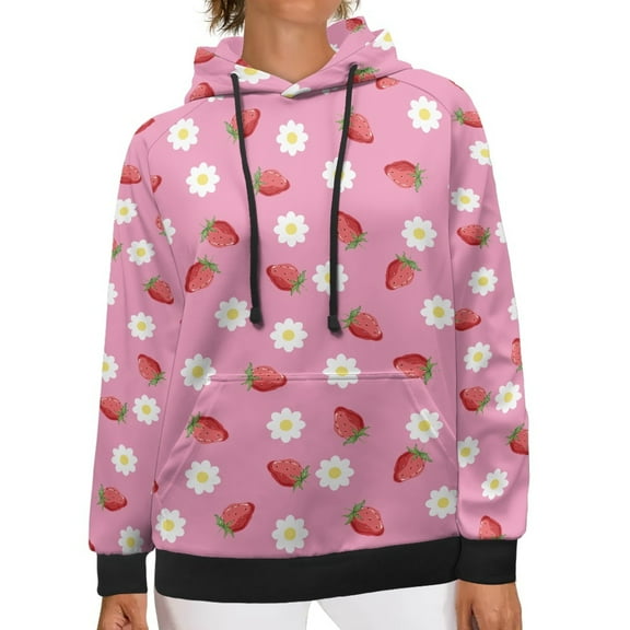 SCRAWLGOD Strawberry Pullover Hoodie Sweatshirt Women Graphic Hoodies with Pockets Long Sleeve Hoodie for Women Oversized Size 3XL Casual Sweater Hoodie Women Picnic