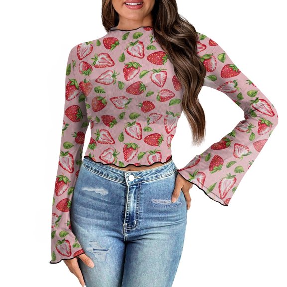 SCRAWLGOD Strawberry Women Bell Sleeve Tops Size M Long Sleeve Mock Neck Crop Tops Suitable for Going Out/Travel Lettuce Trim Casual Slim Shirts Flare Sleeve Blouse