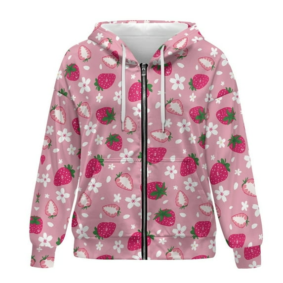 SCRAWLGOD Strawberry Women Hooded Zip Up Sweaters for Women Oversized Sweatshirt Long Sleeve Women's Sweatshirts Zipper Front Size 3XL Soft Sportswear Hoodie Women Party