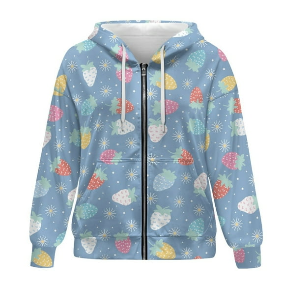 SCRAWLGOD Strawberry Women Hooded Zip Up Sweaters for Women Plus Size S Long Sleeve Womens Zip Up Hoodies Graphic Warm Oversized Zipper Sweatshirts for Women School