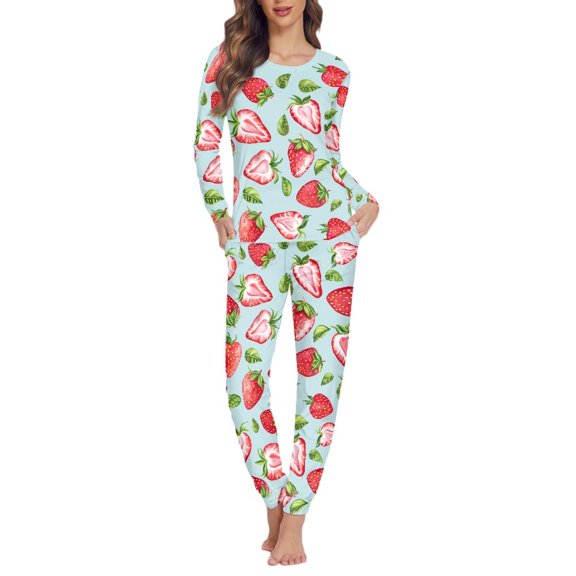 SCRAWLGOD Strawberry Womens Pjs Sets Long Sleeve Tops and Pants for Women Loungewear Size XS Crewneck House Wear for Women Comfy 2-Piece Lounge Set Women