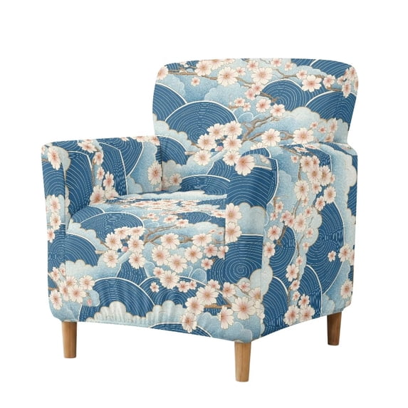 SCRAWLGOD Stretch Chair Cover Non Slip Armchair Slipcover Couch Protector with Elastic Bottom for Kids, Dogs, Pets, Japanese Ocean Wave Cherry Blossom