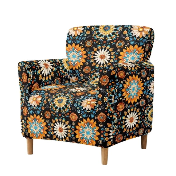 SCRAWLGOD Stretch Chair Cover Non Slip Armchair Slipcover Couch Protector with Elastic Bottom for Kids, Dogs, Pets, Boho Mandala Floral Orange Blue