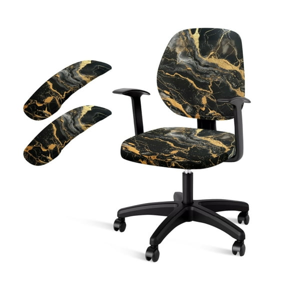 SCRAWLGOD Stretch Computer Chair Cover with Armrest Covers Easy to Remove Desk Chair Slipcover Stain Resistant High Back Chair Protector, 4 Pcs Set, Marble Print Golden Black