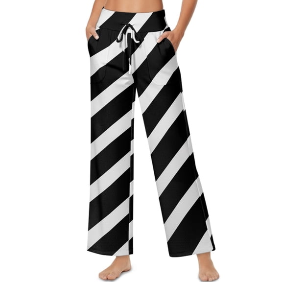 SCRAWLGOD Stripe Print White Black Womens High Waist Wide Leg Pants Drawstring Fashionable Comfy Stretchy Lightweight Lounge Trousers Flowy Loose Fit Slacks with Pockets, L
