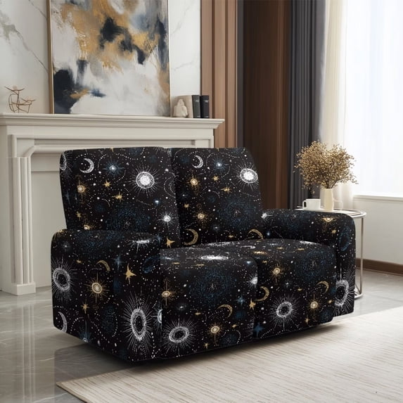 SCRAWLGOD Sun Moon Star Print Recliner Loveseat Slipcover 6 Piece Reclining Cover Stretch Non Slip Recliner Cover with Pocket