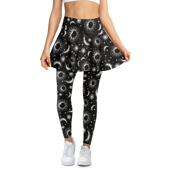 SCRAWLGOD Sun Moon Stars Black Women's Yoga Tennis Skirt with Leggings Gym Golf Leggings with Skirt Fashionable Comfy Sports Clothes for Dance Exercising Camping, M