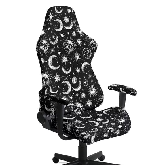 SCRAWLGOD Sun Moon Stars Pattern White Black 4 Pieces Gaming Chair Cover, Breathable Computer Chair Cover with Armrest Covers Washable Slipcover for Gaming Rotating Chair with Elastic Band