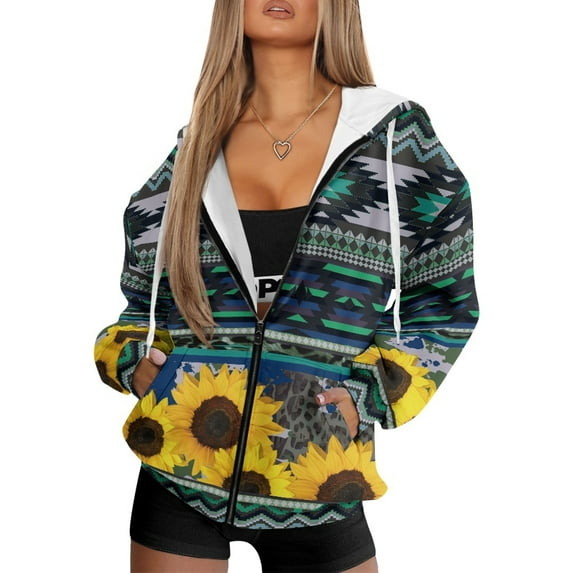 SCRAWLGOD Sunflower American Tribal Leopard Print Trendy Zip Up Hoodies for Women Machine Washable Polyester Coat Comfortable Pockets Sweatshirt Fall Winter Essentials Casual Fashion, XS