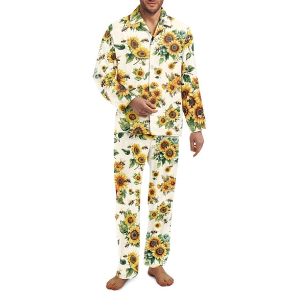 SCRAWLGOD Sunflower Bee Print Beige Men Pajamas Set Long Sleeve Pjs, 2 Piece Notch Collar Button Down Tops Soft Elastic Waistband Bottoms with Pockets, Comfortable Sleepwear, S