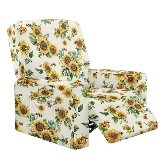 SCRAWLGOD Sunflower Bee Print Beige Recliner Slipcovers 4-Pieces Lazyboy Recliner Cover Recliner Couch Covers Reclining Chair Covers with Storage Pocket Furniture Protector for Living Room