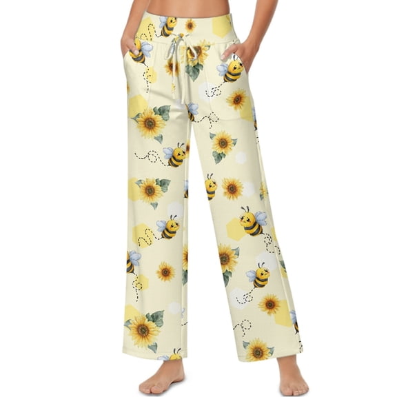 SCRAWLGOD Sunflower Bee Print Beige Womens High Waist Pants Lightweight Drawstring Wide Leg Trousers Comfortable Stretchable Casual Slacks with Side Pockets, XL