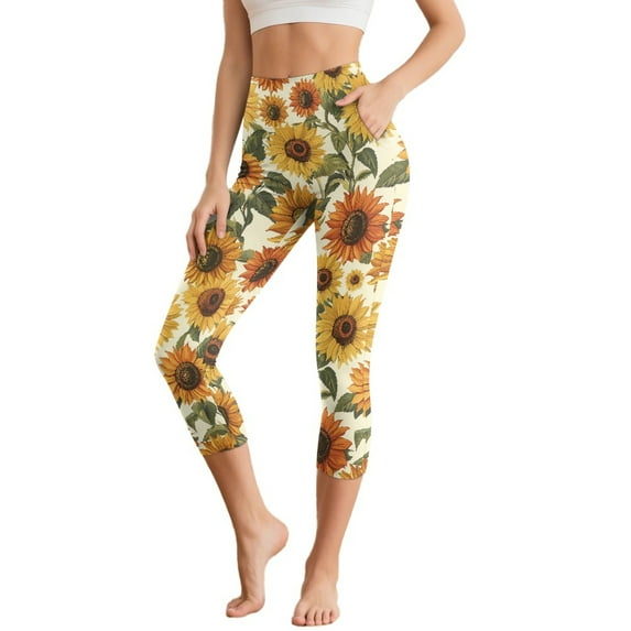 SCRAWLGOD Sunflower Beige Breathable Capri Yoga Leggings with Pockets for Women High Waisted 3/4 Yoga Pants Elastic Cropped Tights for Summer Workout Athletic, M