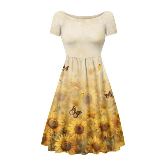 SCRAWLGOD Sunflower Butterflies Print Dress for Women Summer Midi Dresses for Women Casual Short Sleeve Elastic Swing Dress with Wide Neck Size XS for Having Fun