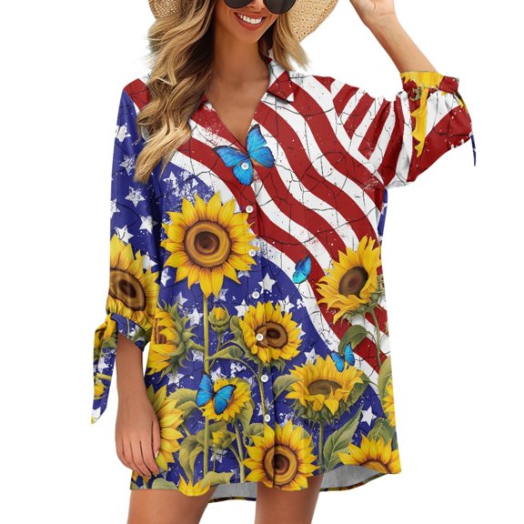 SCRAWLGOD Sunflower Butterfly 3/4 Sleeve Cardigan Shirt for Women M American Flag Workout Shirts for Women Button Down Blouses Summer Cardigan Shirt,4 of July