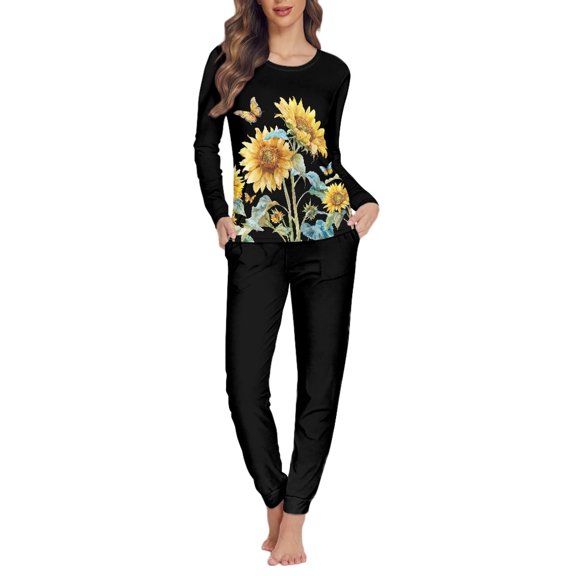 SCRAWLGOD Sunflower Butterfly Pajama Sets Women 2 Piece Lounge Set Women Long Sleeve Crewneck Sleepwear Sets for Women Breathable Jogger Pjs Women Size XL
