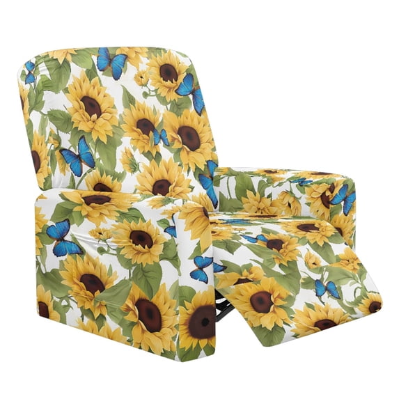 SCRAWLGOD Sunflower Butterfly White Recliner Chair Cover, Stretch Non Slip Recliner Couch Covers , Thick Soft 4-Pieces Recliner Cover Fitted Reclining Chair Slipcovers for Living Room